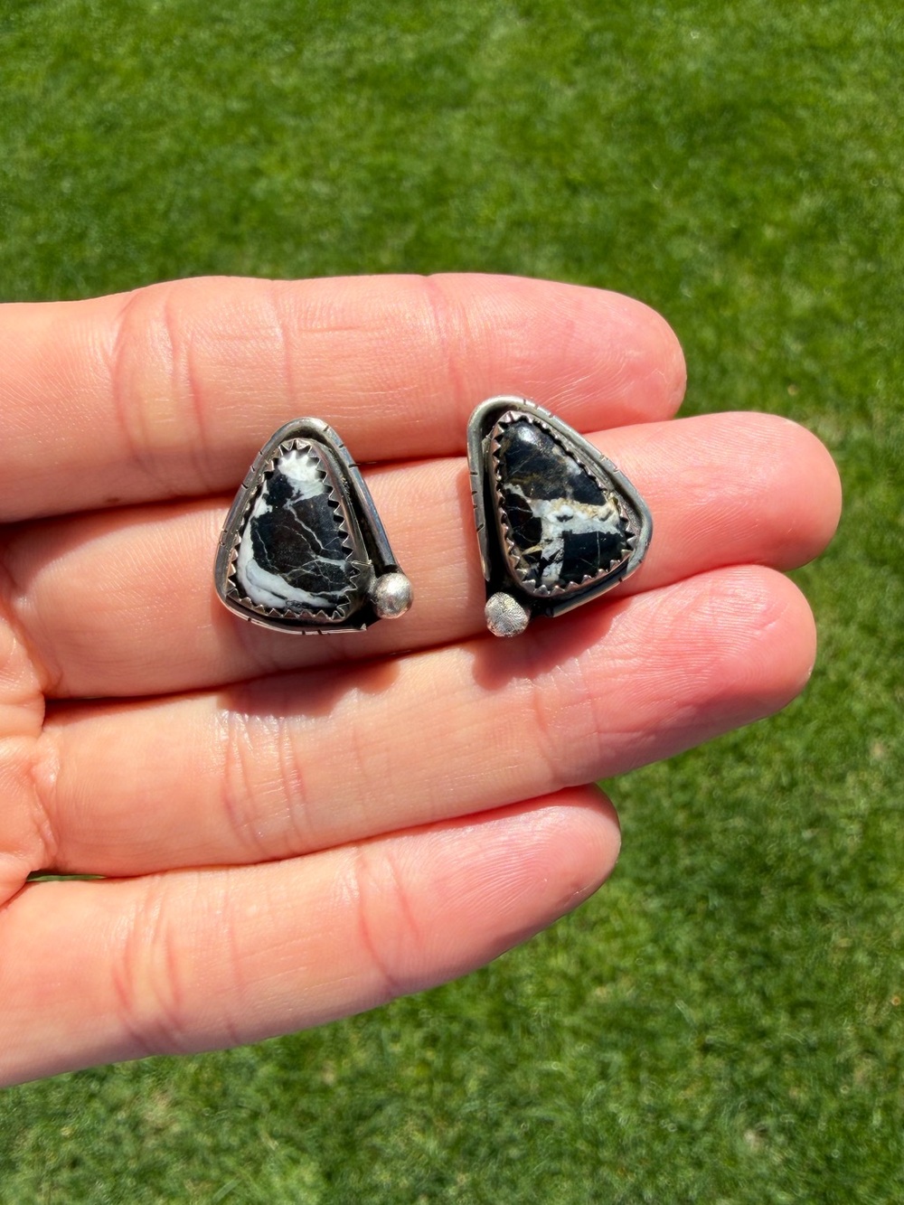 White Buffalo Navajo Handmade Sterling Silver Triangle Stud Earrings